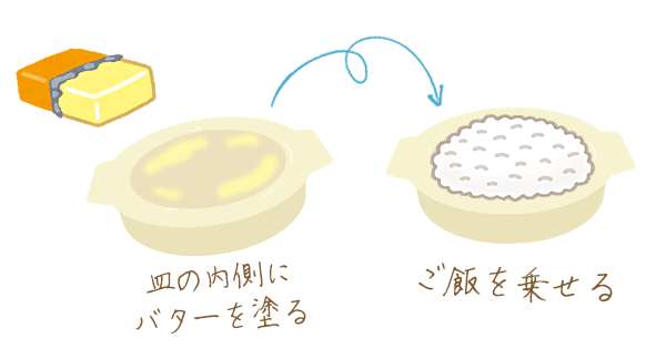 ラタン皿(耐熱皿)の内側にバターを塗りご飯を乗せる